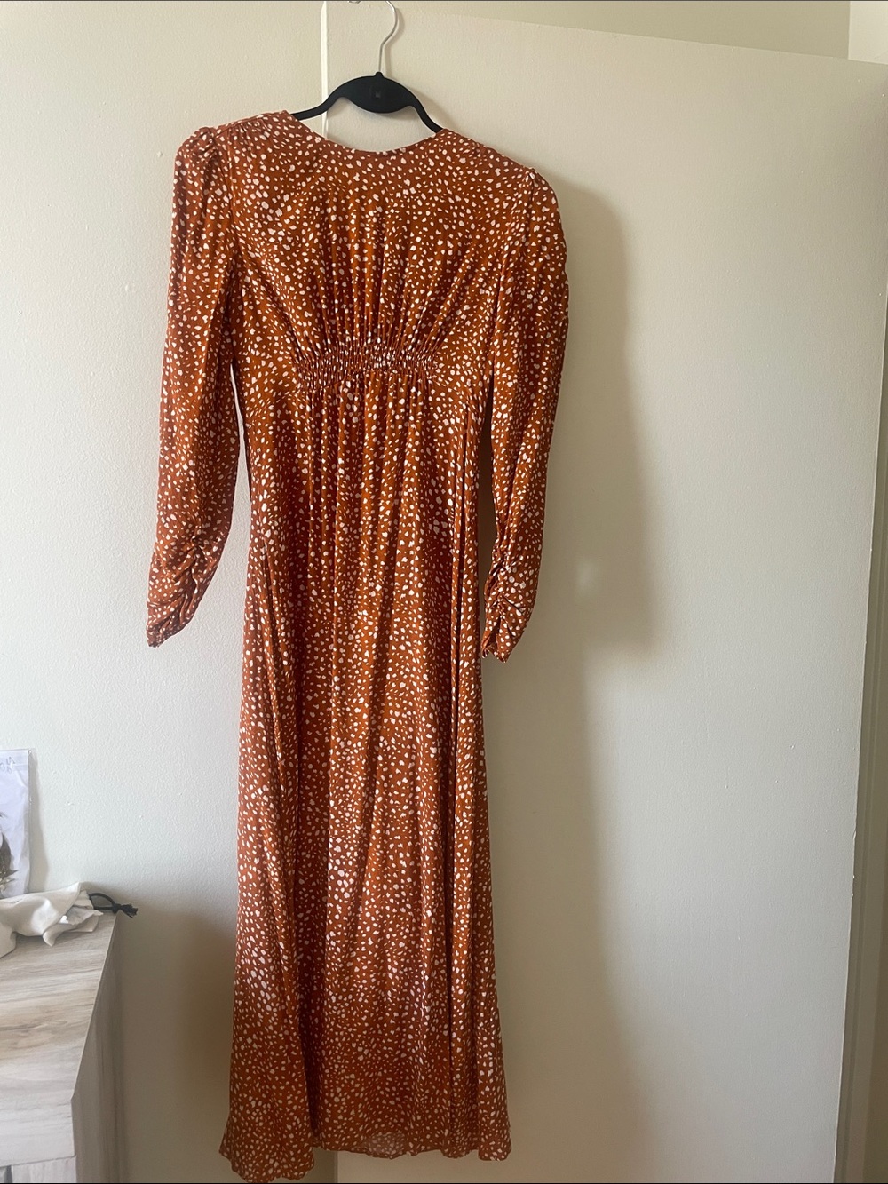 Mango Burnt Orange Spotted- Print Midi Dress - Orange & White